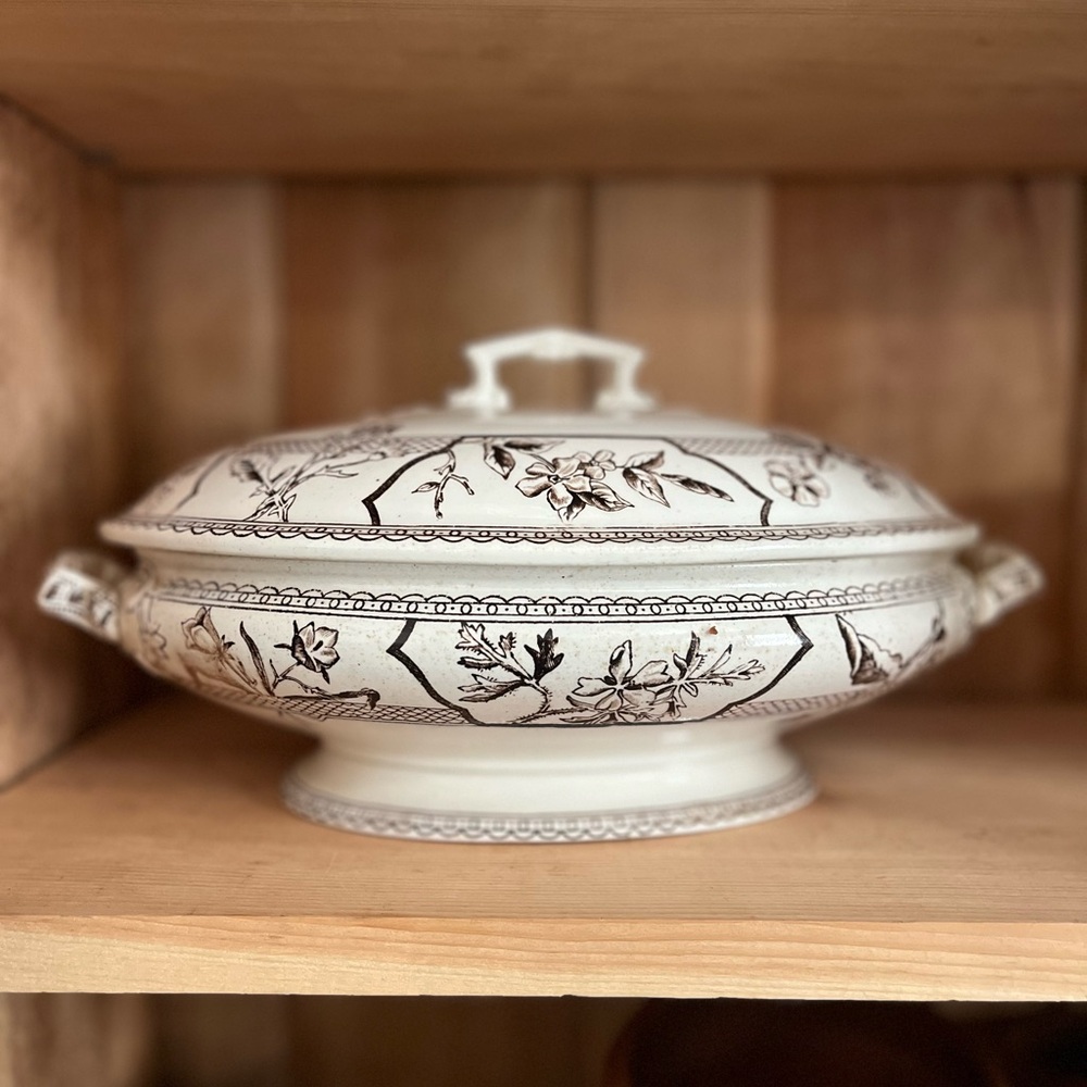 Antique JF Wileman Foley Brown Transferware Wildflowers  Lidded dish